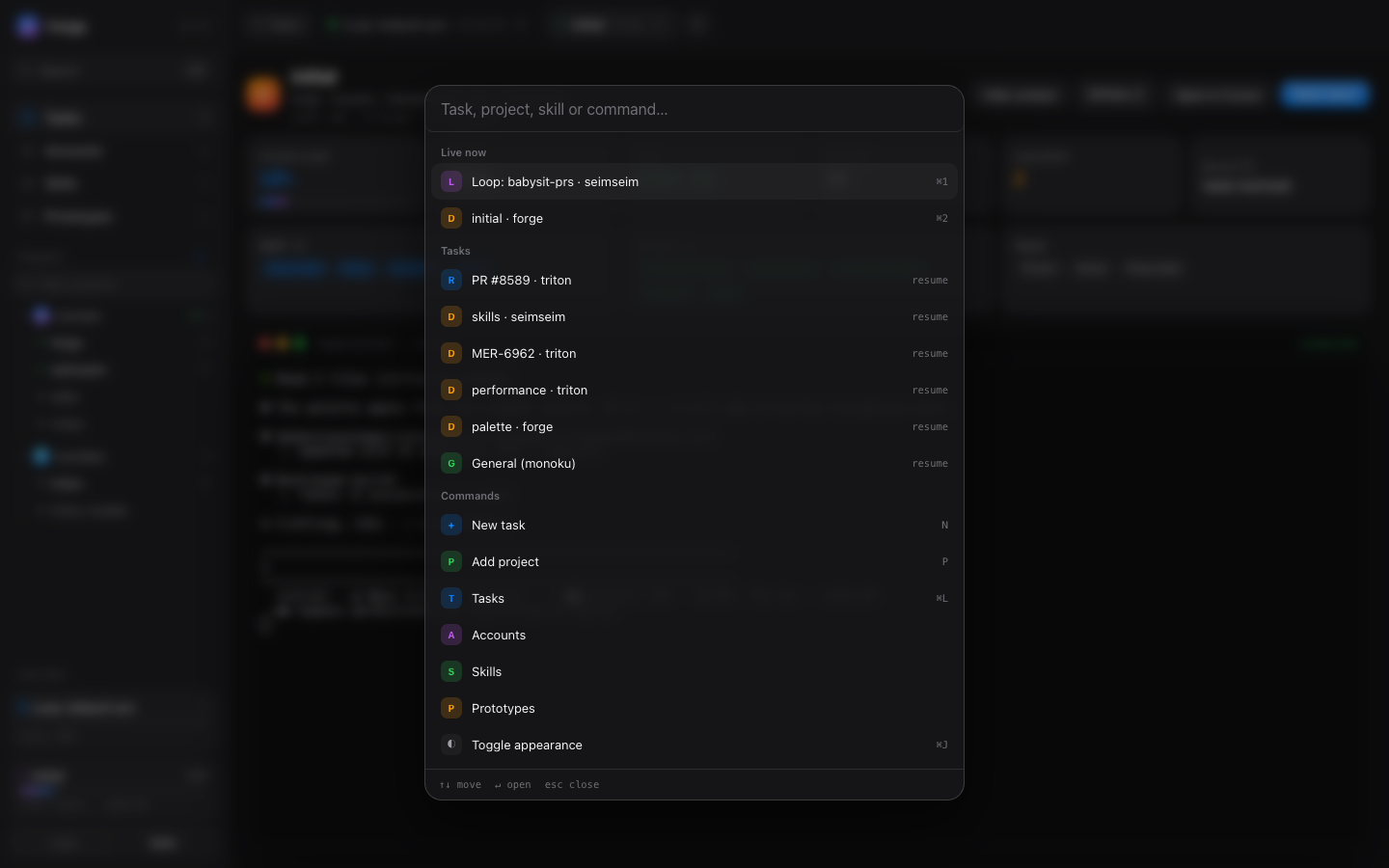 The command palette open over the task list, listing live sessions, tasks, projects and commands.