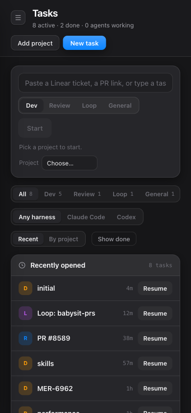 Forge in a narrow window: the sidebar becomes an overlay and the task list fills the screen.