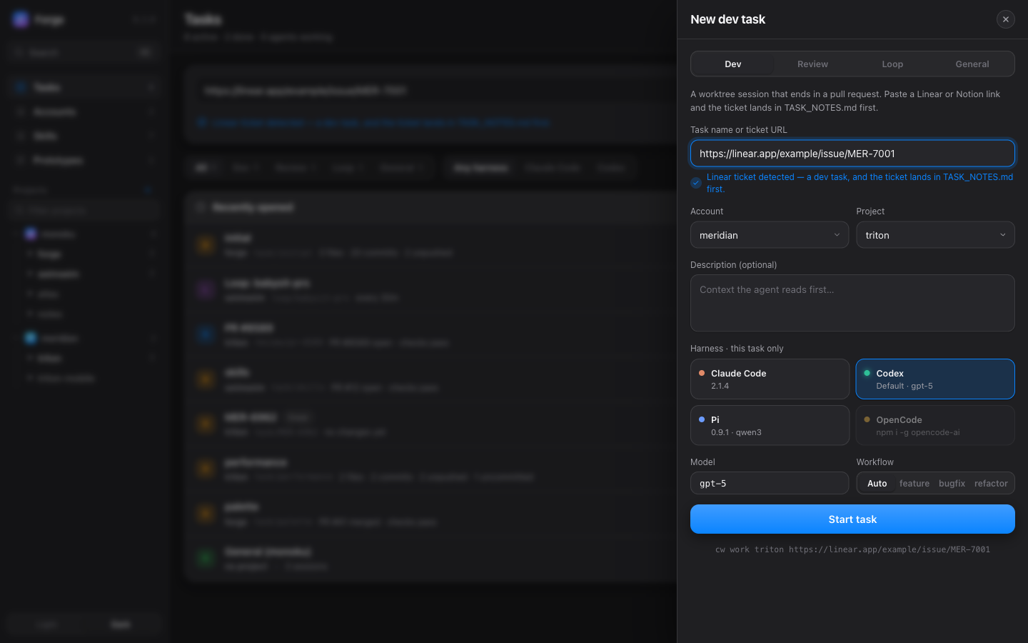 The new task drawer: type, harness, model and workflow pickers with the exact cw command shown before starting.