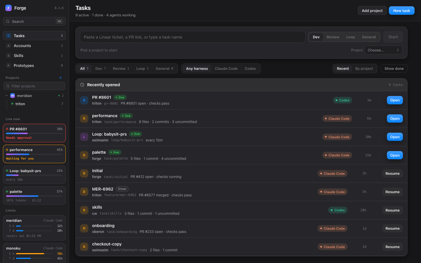 The task list with four live sessions in the sidebar: a review that needs approval and a task waiting for you at the top, two working below, and each account's usage limits.