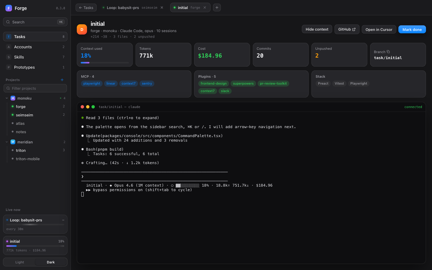 Task detail: the agent's terminal with context, tokens and cost, commits, unpushed work and the pull request.